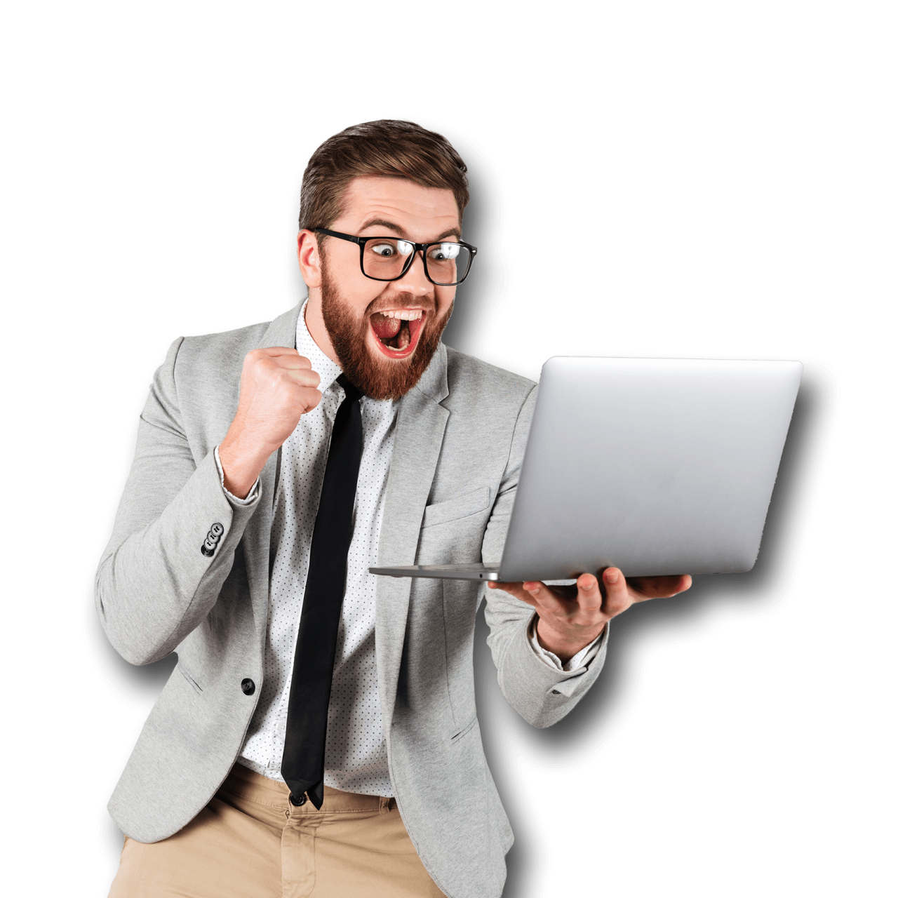 Photo of an excited businessman looking at his laptop.