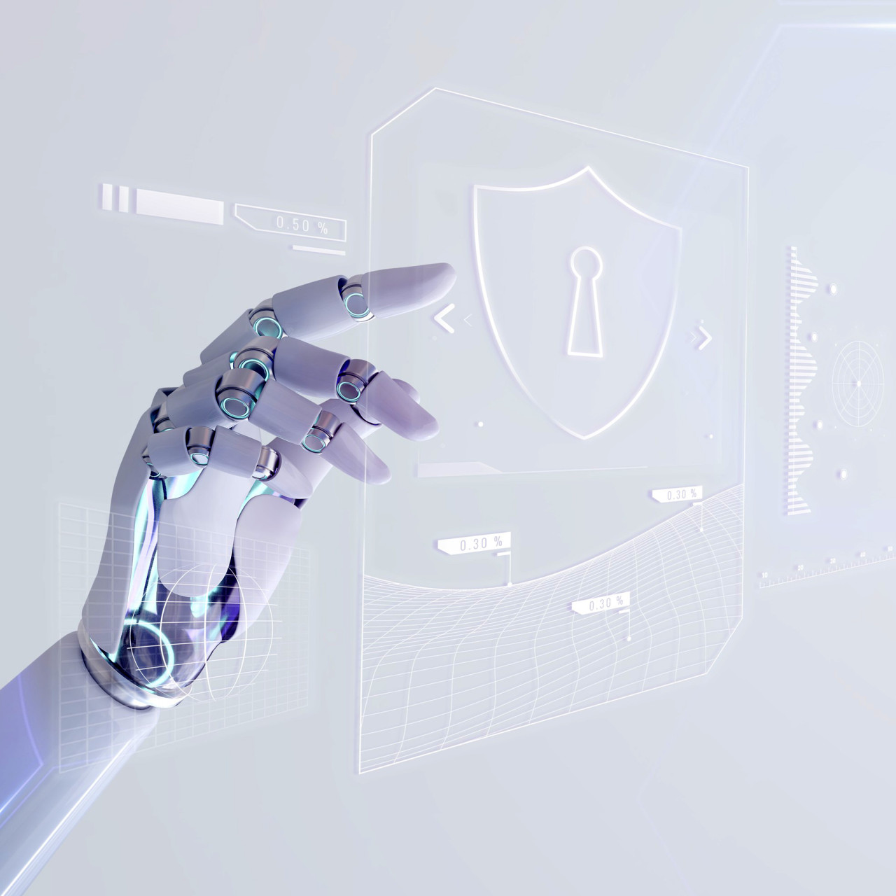 Photo of a robotic hand tapping on a shield icon hologram.