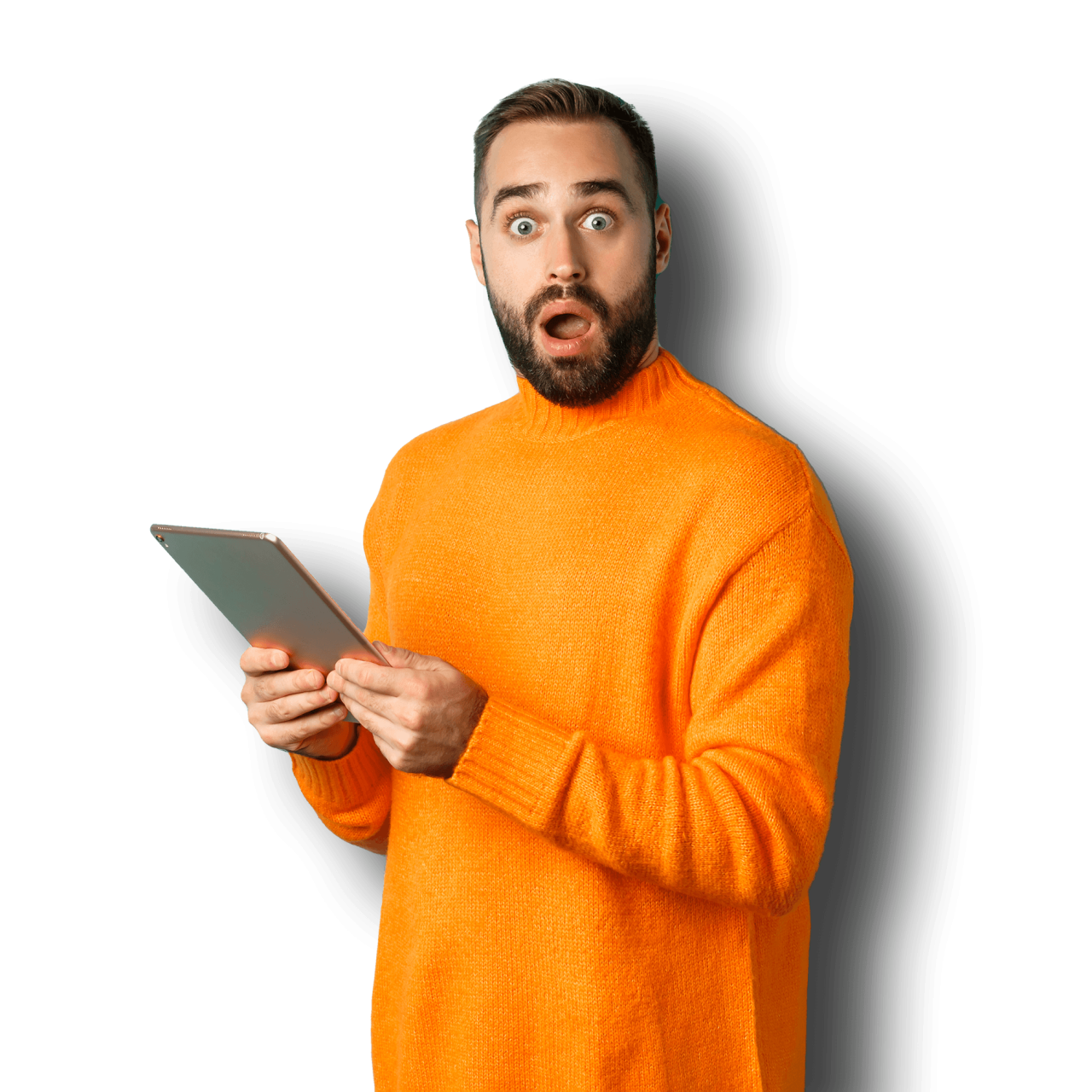 Photo of a man in an orange sweater holding a tablet looking amazed.