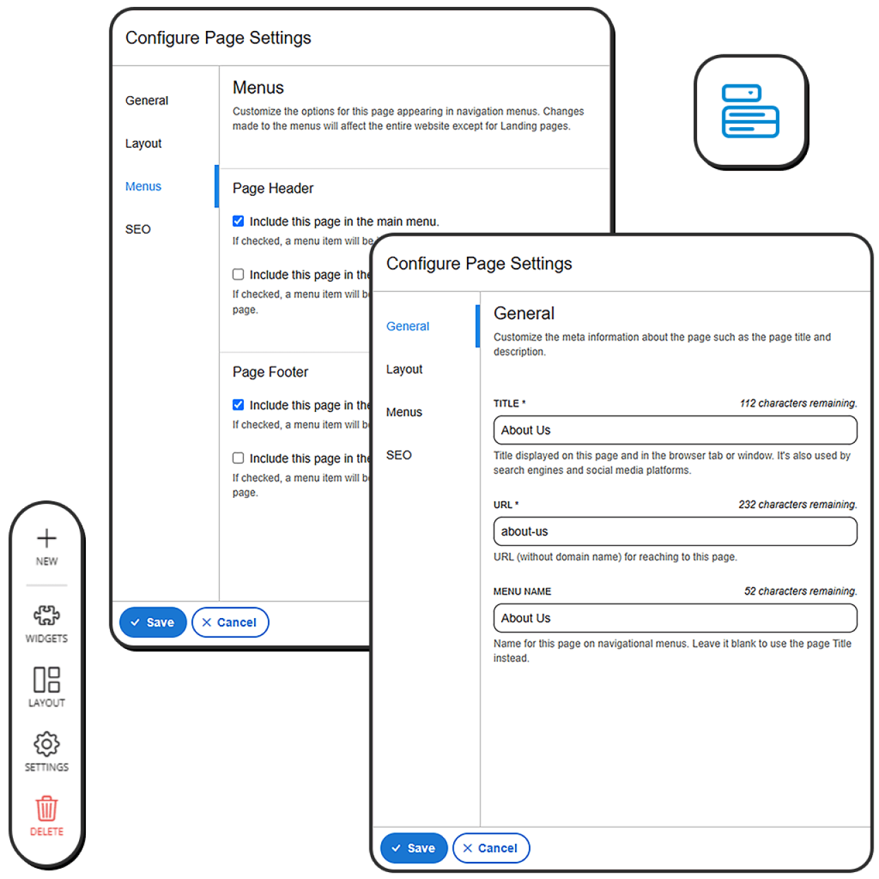 Image showcasing the user interface to customize page settings and menus.