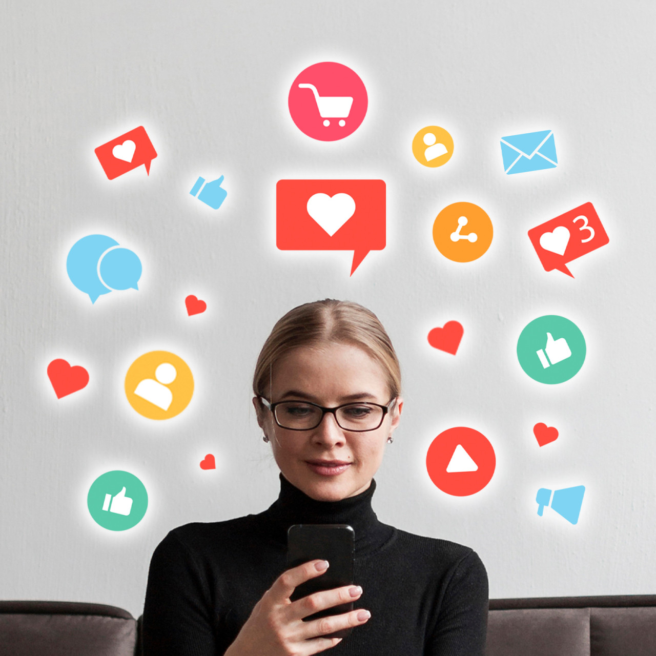 Photo of a woman on her phone with visualization of social media platform actions.