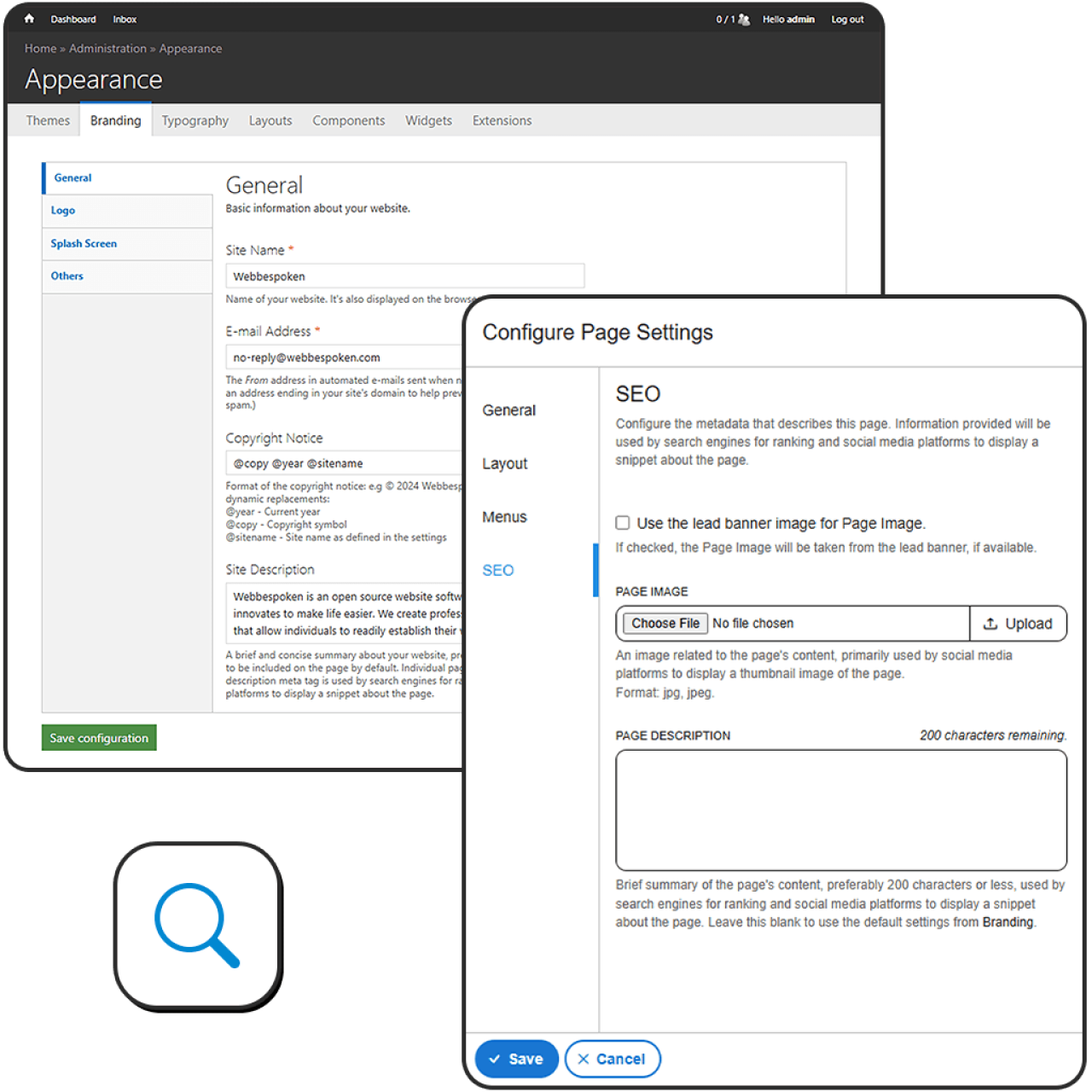 Image of the site-wide SEO and page-level SEO editing user interface.