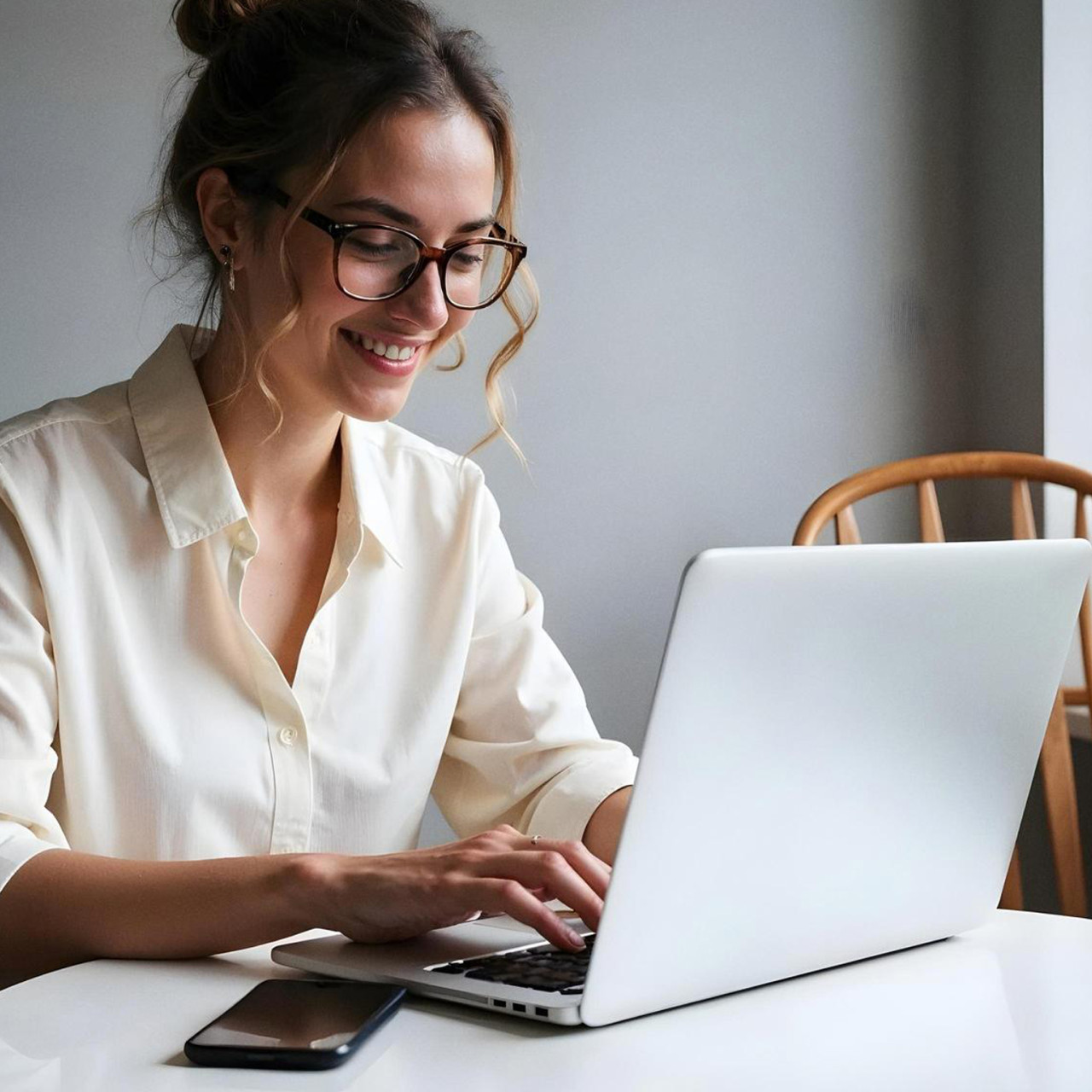 Photo of a smiling woman typing on her laptop while working at home.