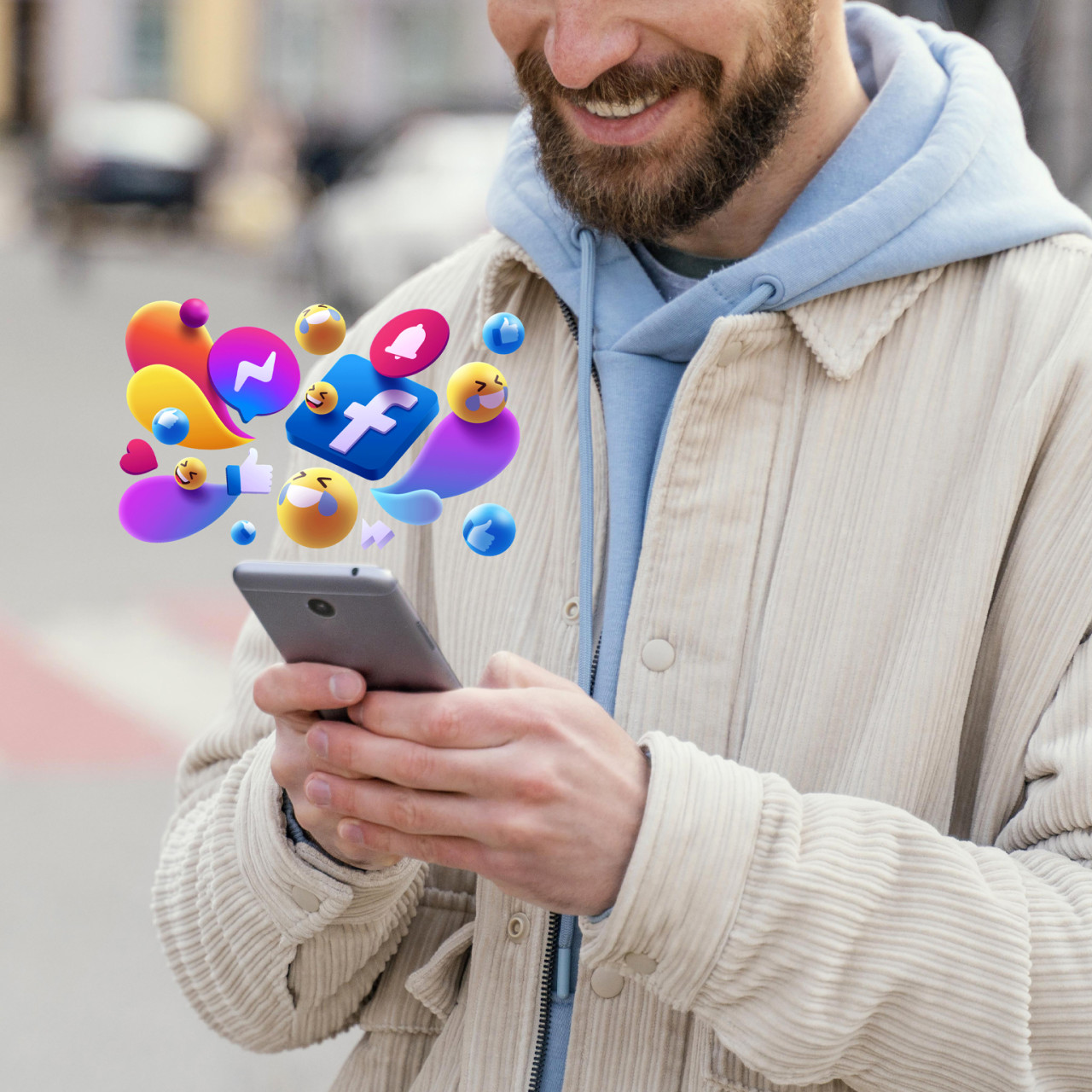 Photo of a man using his phone with visualization of social media platforms.