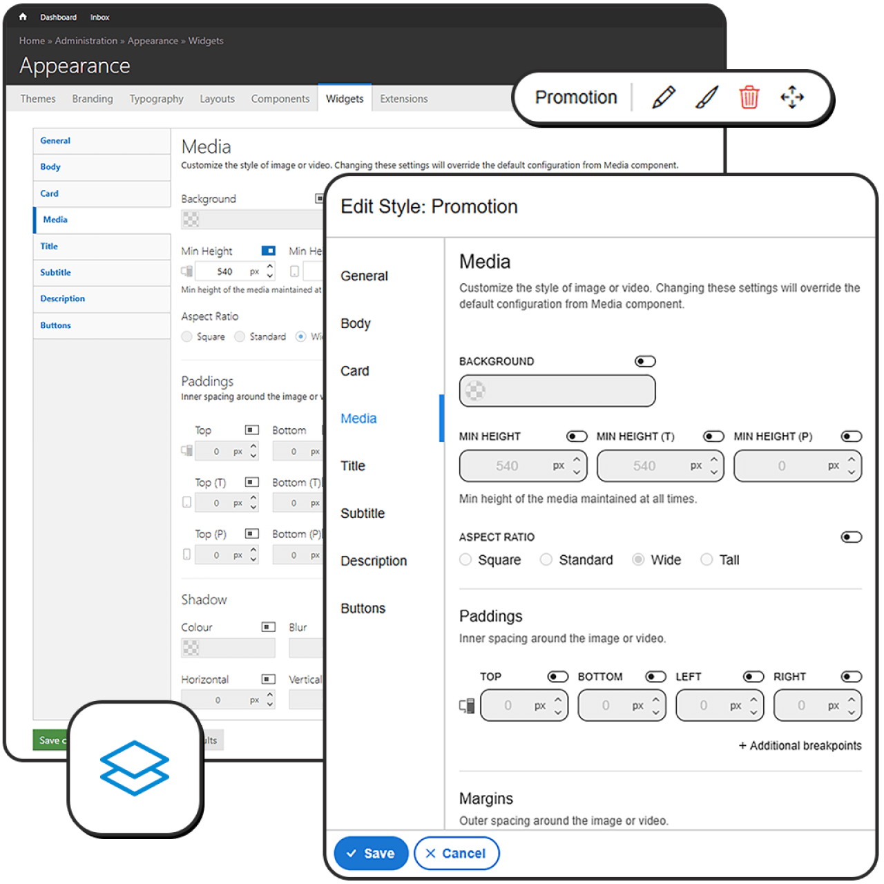 Image showcasing the back-end and front-end user interface of the style editor.