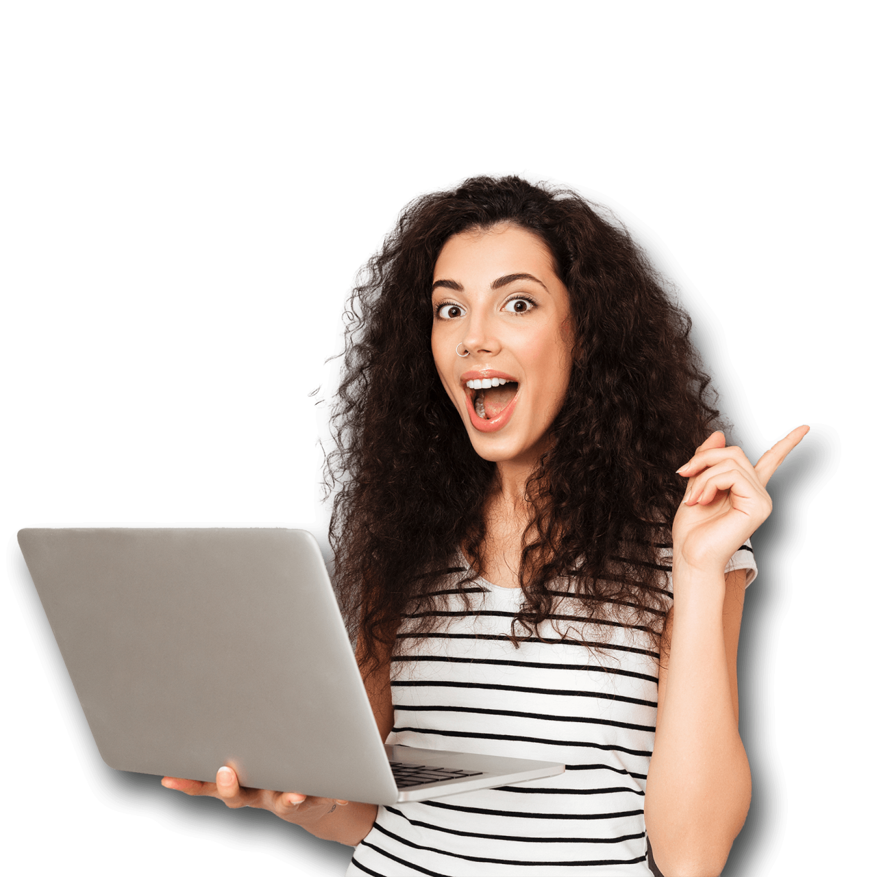 Photo of an amazed woman holding a laptop pointing a finger to the right.