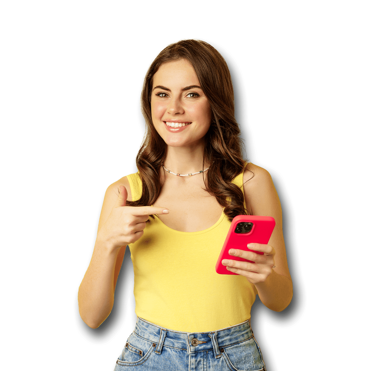 Photo of a woman holding a phone pointing at it.