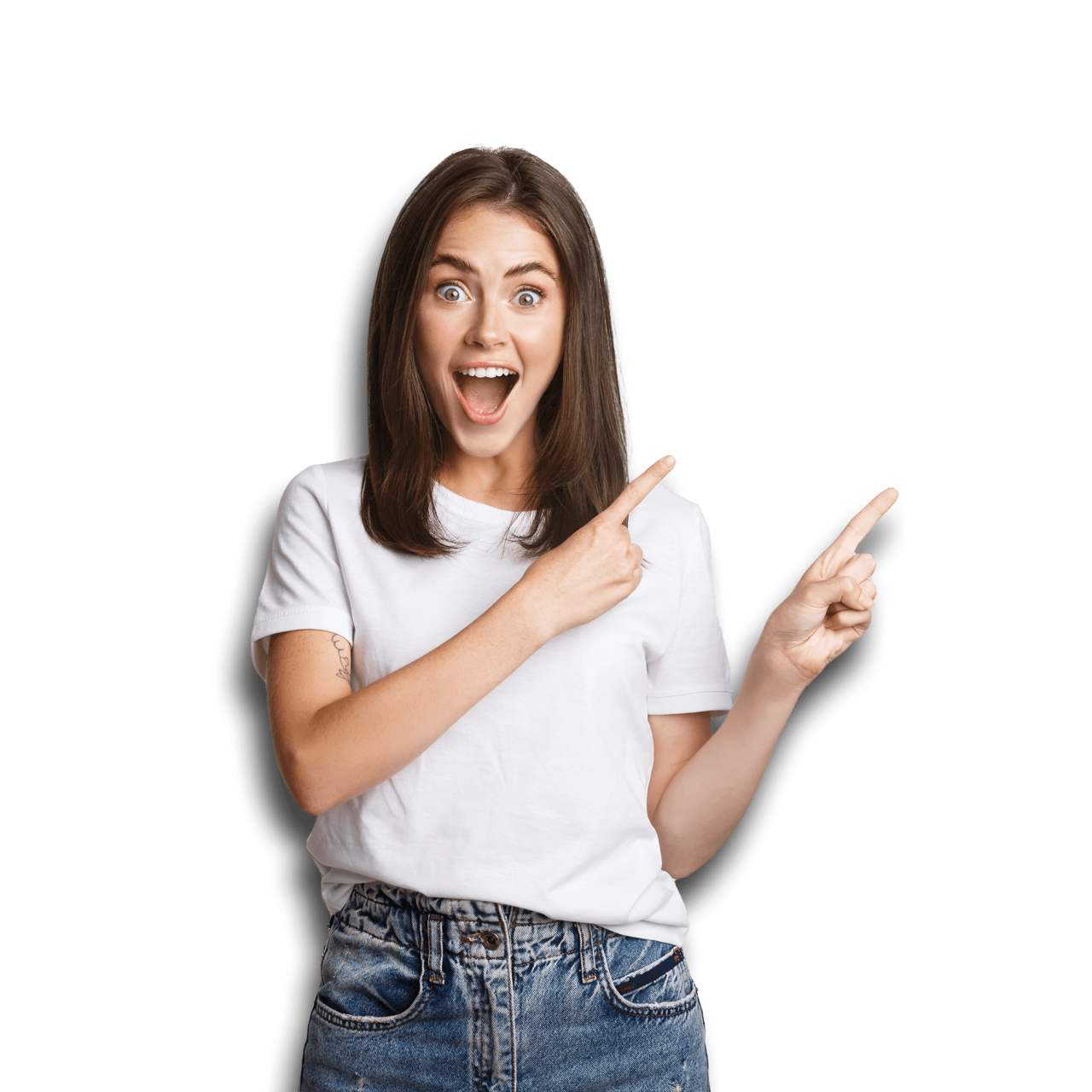Photo of an amazed woman pointing her fingers to the upper right.
