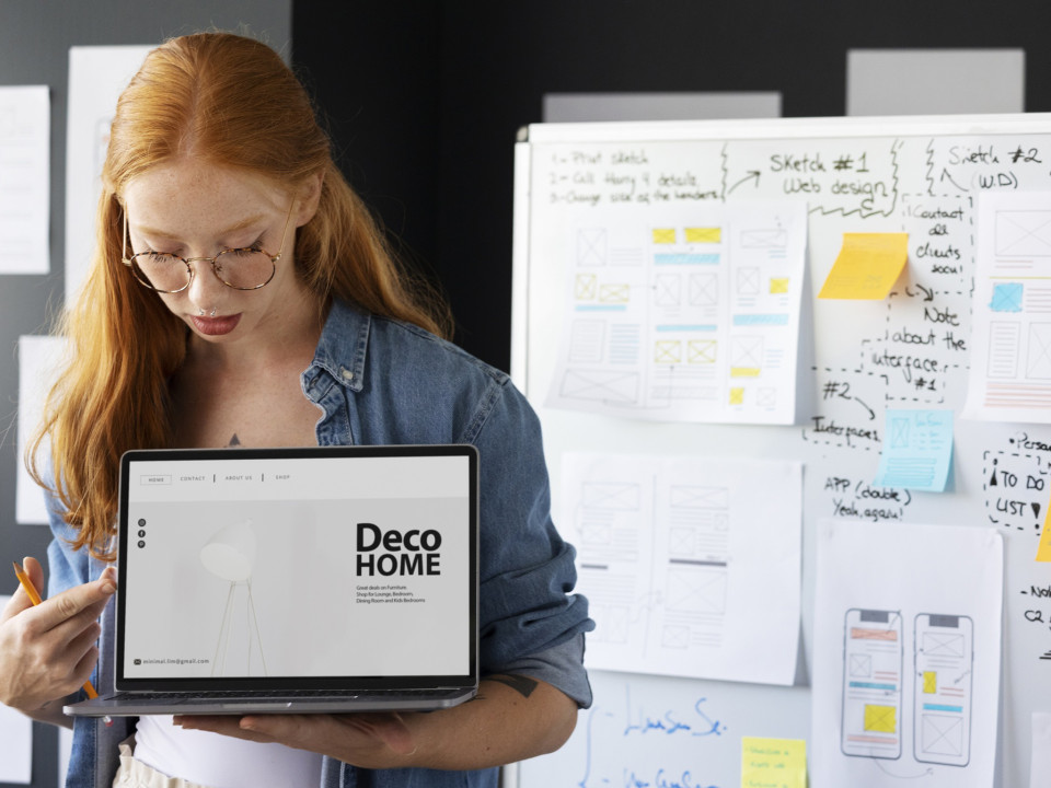 Photo of a female website designer holding a laptop showcasing her work.