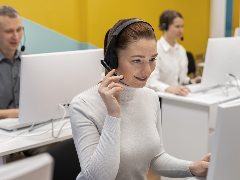 Photo of a woman answering a call at the call centre.