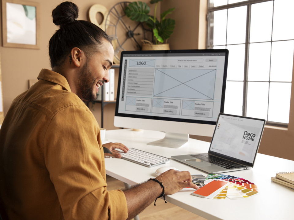 Photo of a web designer creating a webpage from a mock up.
