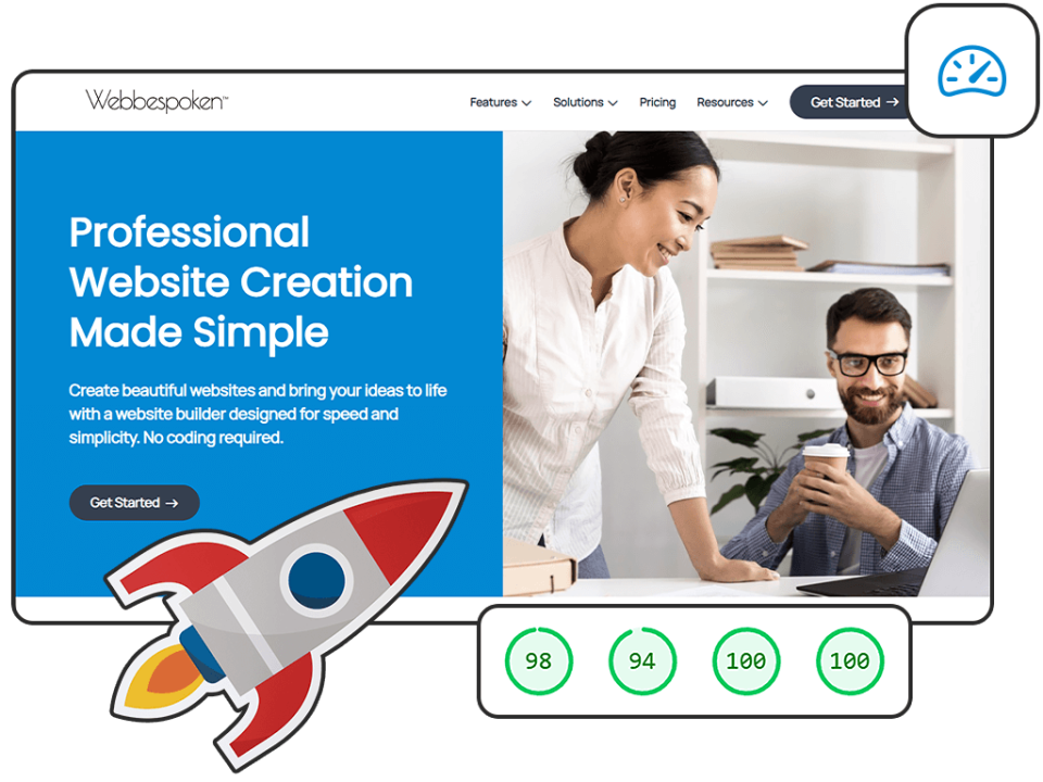 Image showing website performance speedometer and metrics with a blazing rocket.