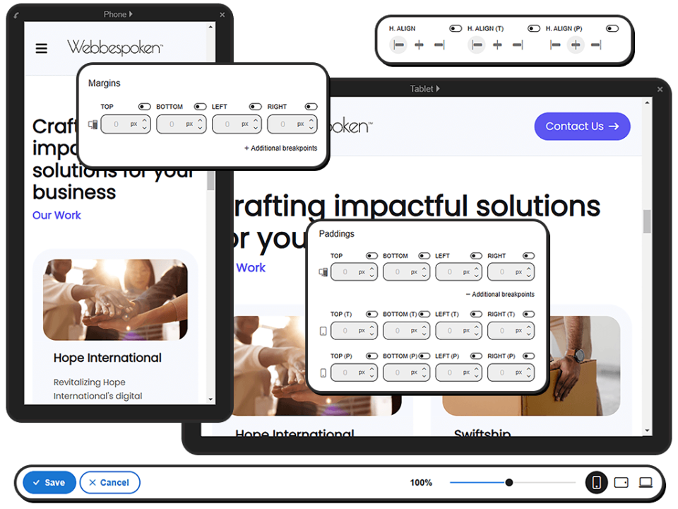 Image showcasing the mobile preview user interface and various responsive styling controls. 