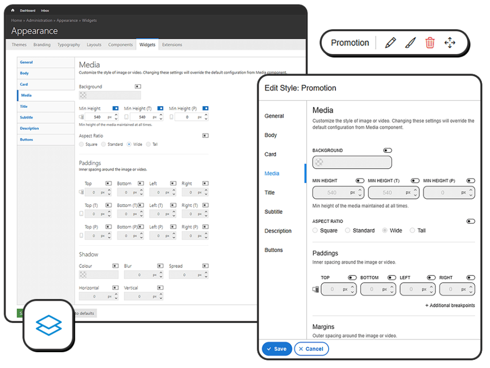 Image showcasing the back-end and front-end style editor user interface.